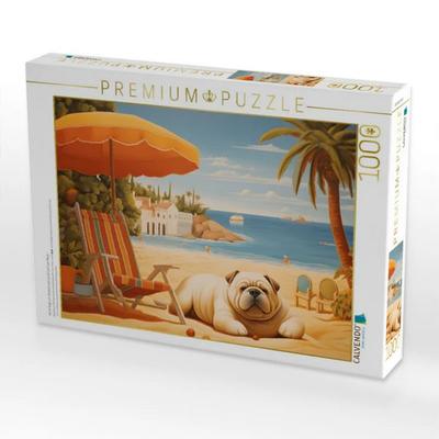 CALVENDO Puzzle Hund liegt am Strand und sonnt sich am Meer | 1000 Teile Lege-Größe 64x48cm Foto-Puzzle für glückliche Stunden