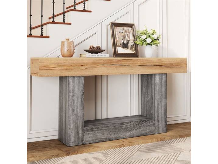 Console Bicolore Effet Bois Naturel - 160x30x82 5 cm - Table d'Entrée Longue avec Double Plateau et Structure en U-Naturel et Gris