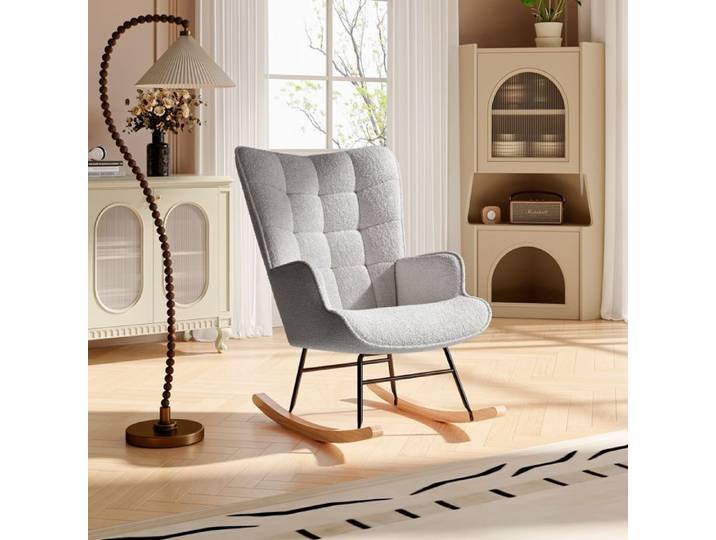 92x75x69 cm Chaise à bascule en velours gris clair chaise à bascule avec cadre en bois massif et coussin souple - ergonomique