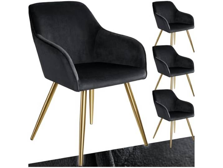 tectake® 4er Set Esszimmerstuhl, Sessel bequem mit Armlehne, Polsterstuhl, Samtstoff Cocktailsessel, Loungesessel für Wohnzimmer, Esszimmer, Moderne Küchenstühle, Bürostuhl - schwarz/Gold