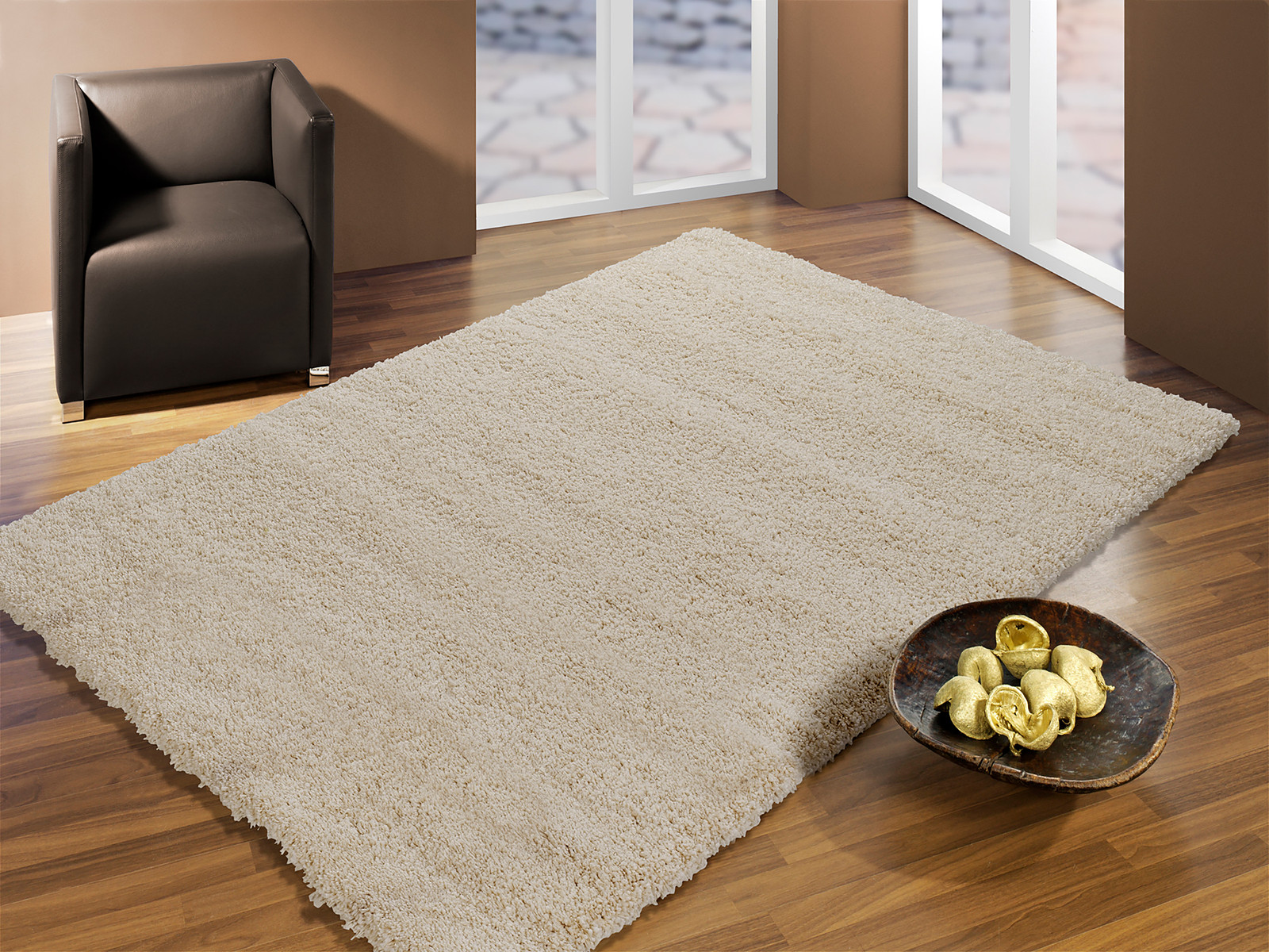 home24 Hoogpolig vloerkleed Calmo Lusso beige, 200 x 200 cm