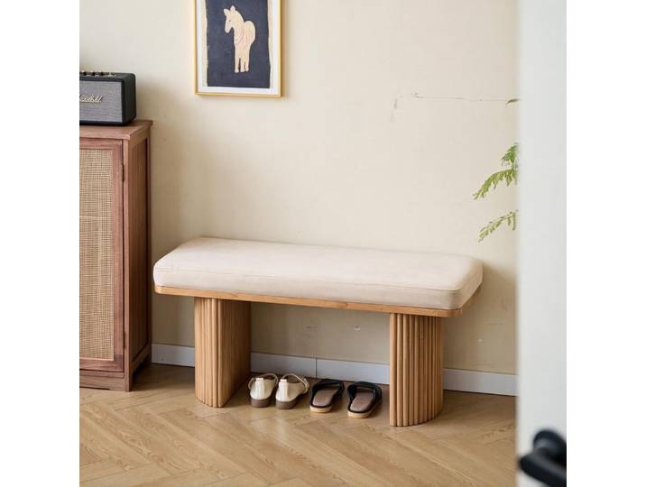 Banc en bois massif et velours beige