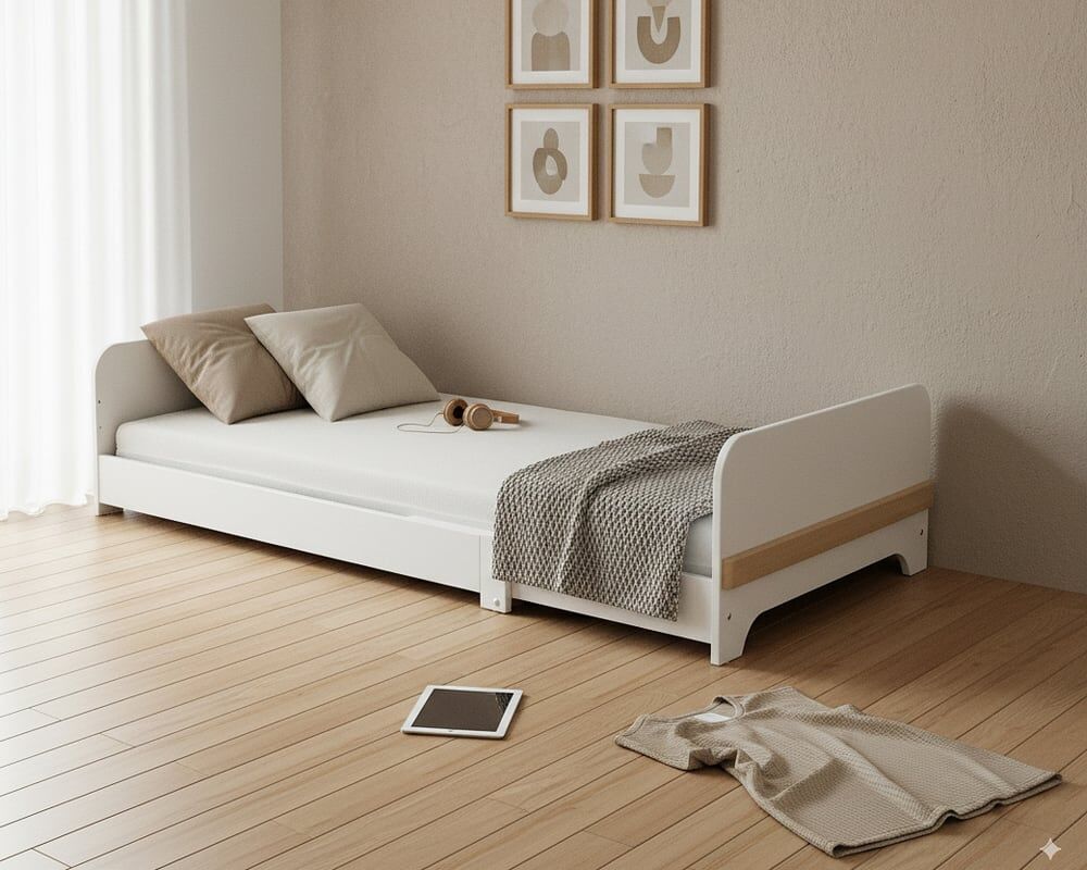 Jurababy Lit au sol enfant extensible en bois 80x140-165-190 avec matelas Blanc 190x42x80cm