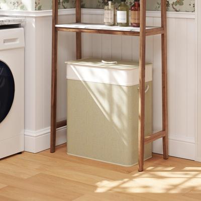 HOMCOM Double Laundry Basket with Lid, 26.4 Gallon Bamboo Laundry Hamper with Rope Handles, Clothes Hamper with Removable Liner