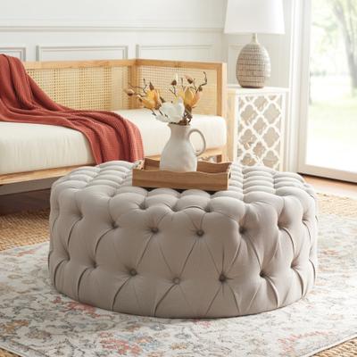 SAFAVIEH Charlene 39.4-Inch Round Linen Fabric Ottoman, Taupe