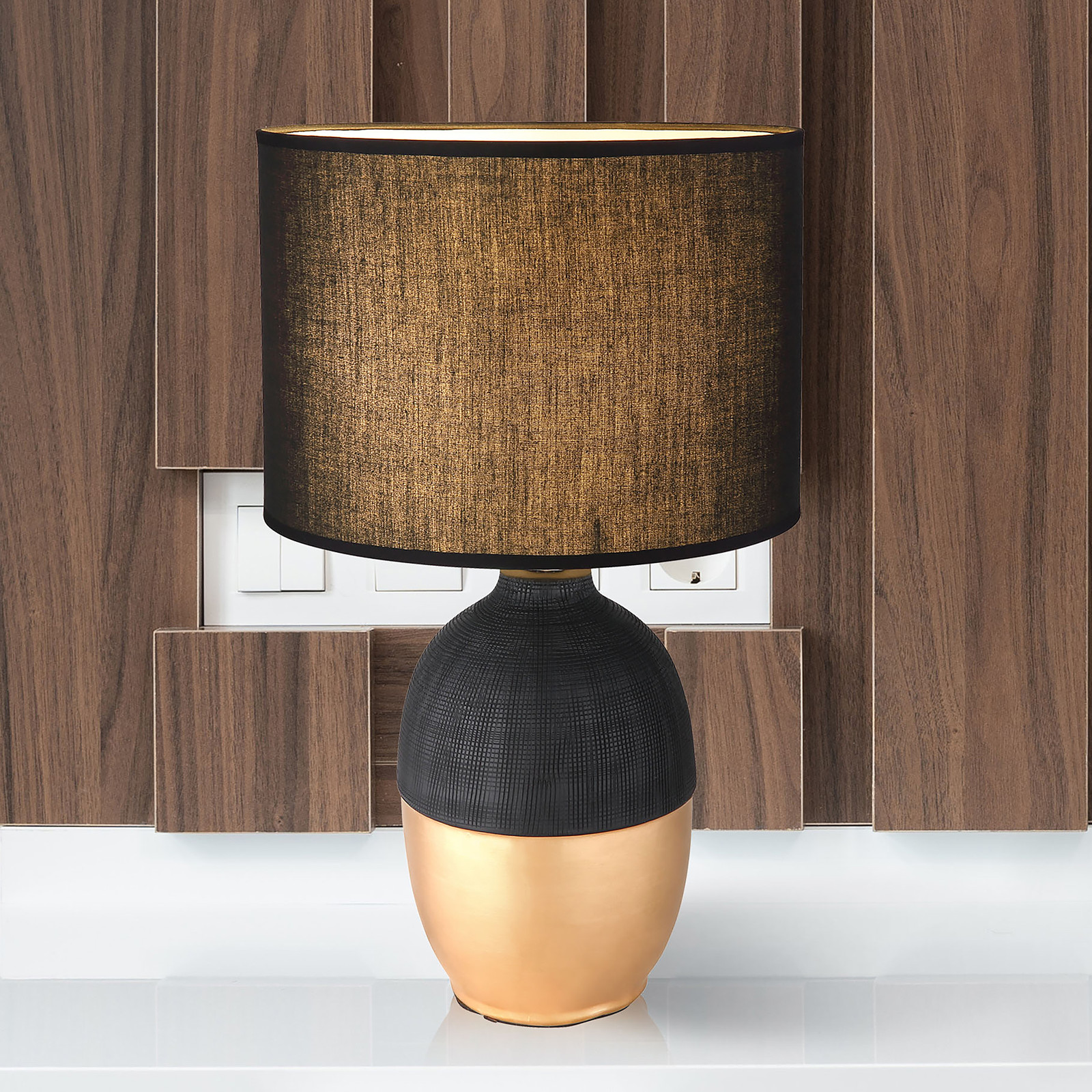 Globo Lighting Tafellamp Valentino Bol Zwart/Goud met Textiel en Metaal E14