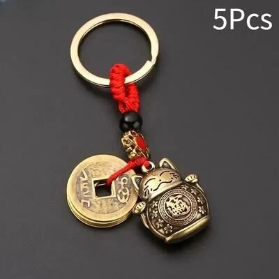 Inspire Select Vintage Lucky Cat Keychain Figurine Alloy Maneki Neko Feng Shui Talisman For Wealth & Good Fortune 5 Pcs