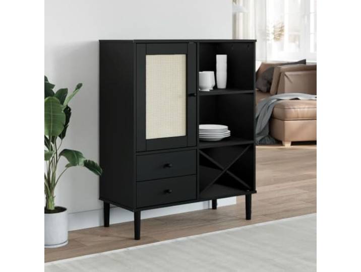 RJPLMFV Sideboard Senja Rattanoptik, Schwarz, 90 x 40 x 112 cm, massives UV-Lack, 2 Schubladen, Multimedia-Aufbewahrung, Wandbefestigung inklusive