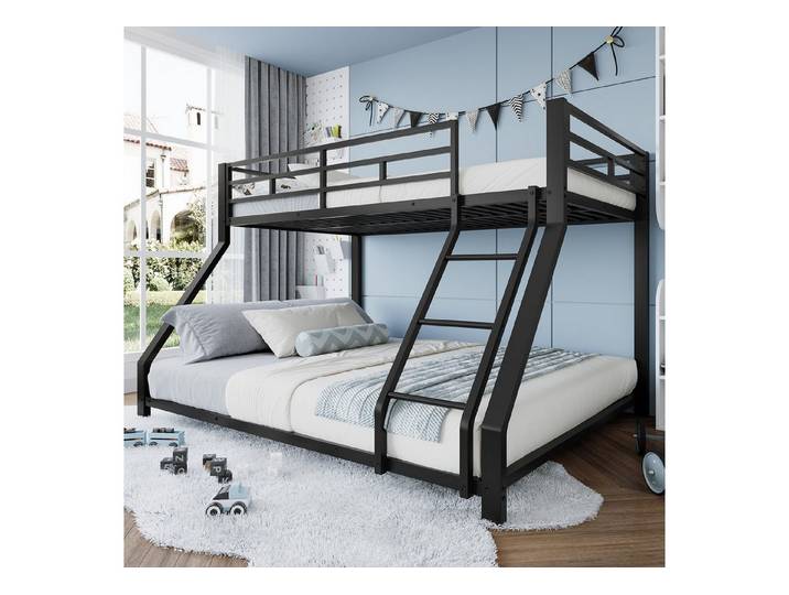 Flieks Etagenbett, Metallbett 90x200cm+140x200cm mit Schrägleiter und Geländer
