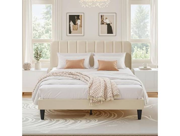 VECELO Polsterbett 140 x 200 cm, Doppelbett mit Höhenverstellbarem Kopfteil, Samtbezug und Stabiler Lattenrost, Geräuschfrei, Einfache Montage, für Schlafzimmer und Gästezimmer, Beige