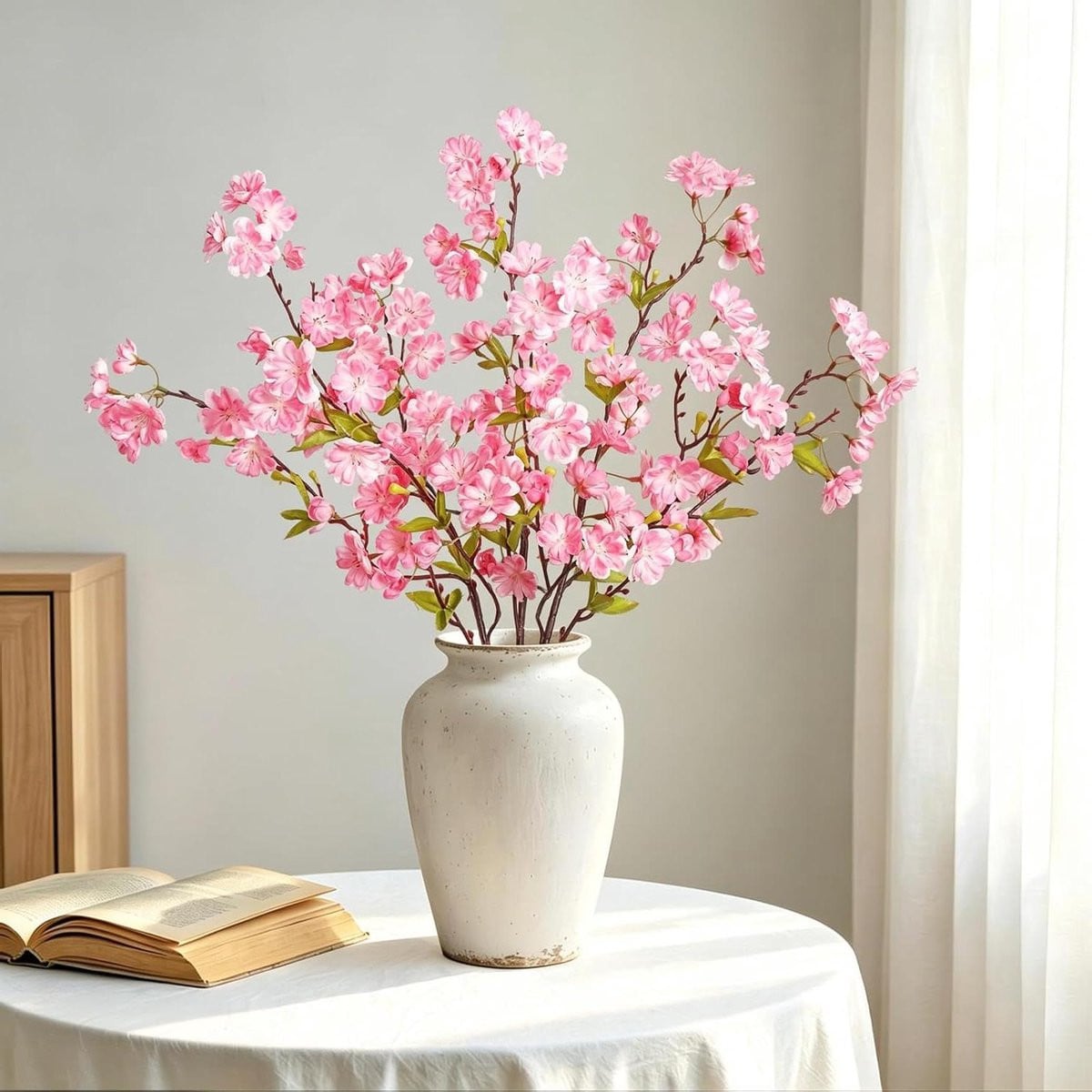 Set van 3 kunstbloemen kersenbloesem takken in het roze voor lentedecoratie binnen, hoogte: 90 cm