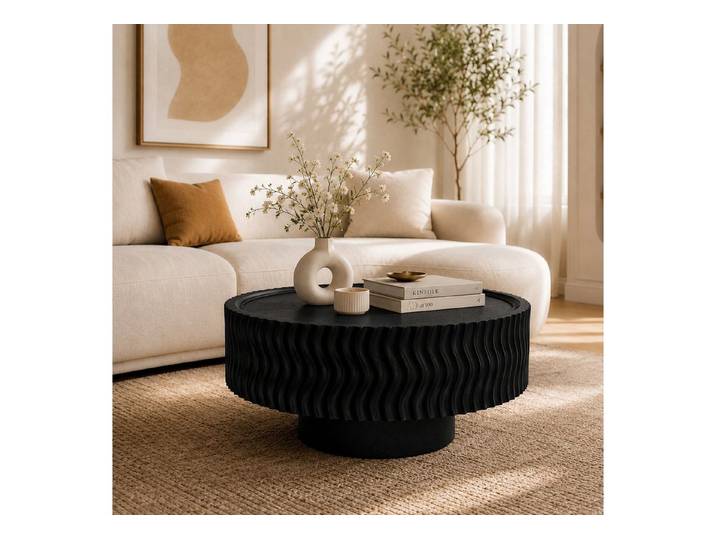 PEALOV Couchtisch mit erhöhtem Tischrand, moderner Sofatisch in Trommelform (1-St), mit Wellenstruktur und Holzmaserung, Ø 77 × H 36 cm