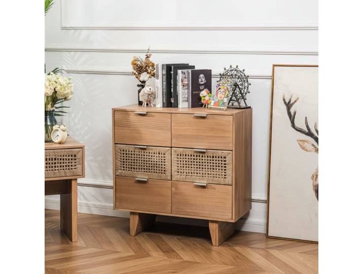 Commode 6 tiroirs en bois et corde naturelle