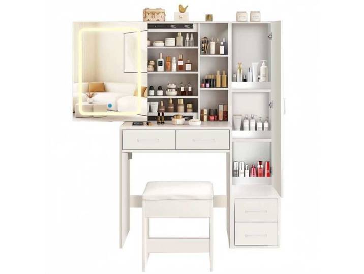 Coiffeuse coiffeuse avec miroir et tabouret coiffeuse avec miroir LED， équipée de 4 tiroirs 1 porte 80 × 40 × 142 cm