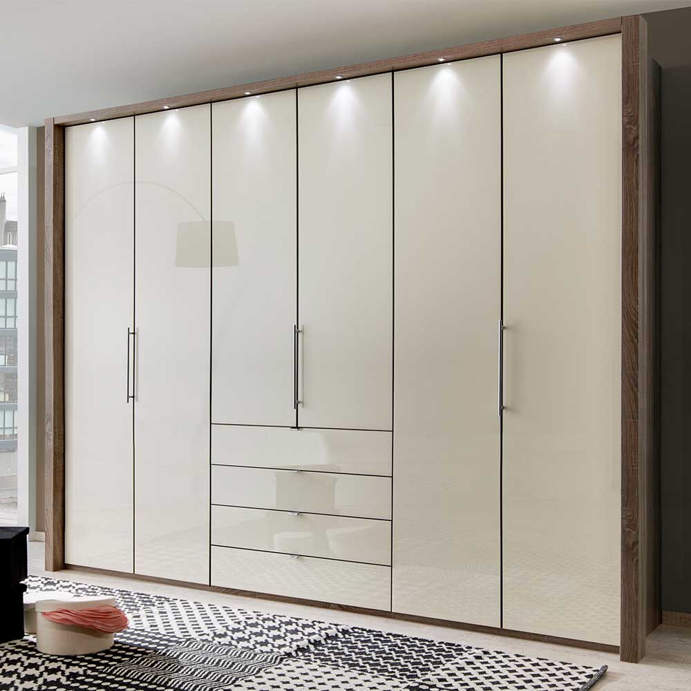 Pharao24.de Schlafzimmerkleiderschrank in Beige und Eiche Trüffelfarben glasbeschichtet