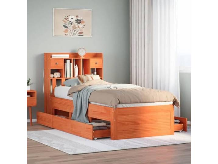 RJPLMFV Bücherbett, massives Kiefernholz, 75 x 190 cm, ohne Matratze Lattenrost inklusive, Schublade auf Rollen, Ersatz für Nachttisch, ideal für kleines Schlafzimmer