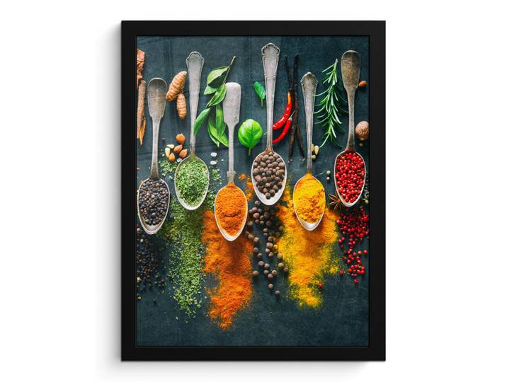 MuchoWow Poster MIT Rahmengerahmtes Bild - Kräuter - Gewürze - Löffel - 30x40 cm, Currygelb, Papier, Rechteckig, 30x40 cm, gerahmt, Bilder & Rahmen, Bilder