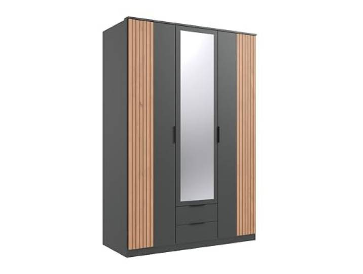 möbelando Drehtürenschrank >LUEBECK< Graphit/Artisan Lammelen-Dekor - 135x199x58cm (B/H/T)