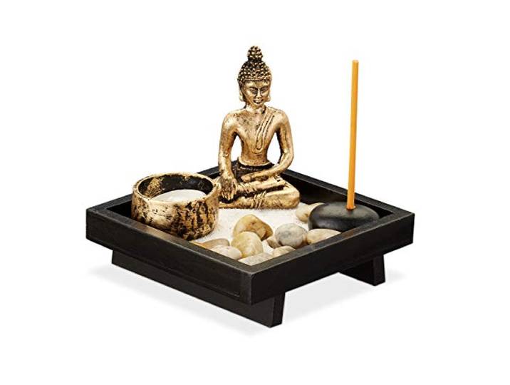 Relaxdays Jardin Zen\, avec Bouddha\, Pierres\, Sable\, tiges d’encens & Porte-Bougie\, Relaxation\, Déco Feng Shui\, Noir
