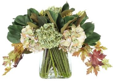 Creative Labs Fall Hydrangea and Magnolia Leaf Arrangement in Glass Vase