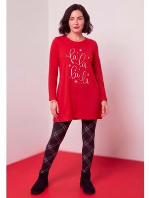 Plus Size Women's Plus Size Cotton Graphic Print Long Sleeve Swing Tunic by Roaman's in Vivid Red Fa La La (Size 12)