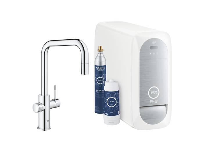 GROHE mitigeur monocommande à U avec système BLUE HOME pour 3 types d'eau 31543000B (Chrome avec mousseur amovible - acier chromé)
