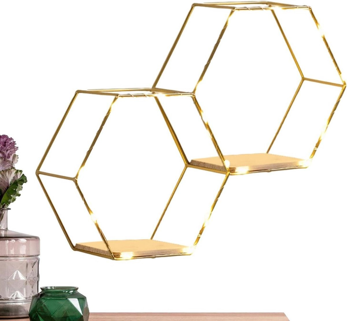 Set van 3 Zeshoekige Wandplanken met LED Verlichting - Zwart