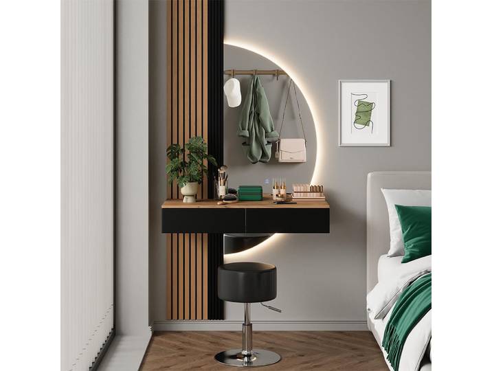 Coiffeuse Vicco Melina Chêne/Noir 100cm avec miroir LED et tabouret\, Model 58446
