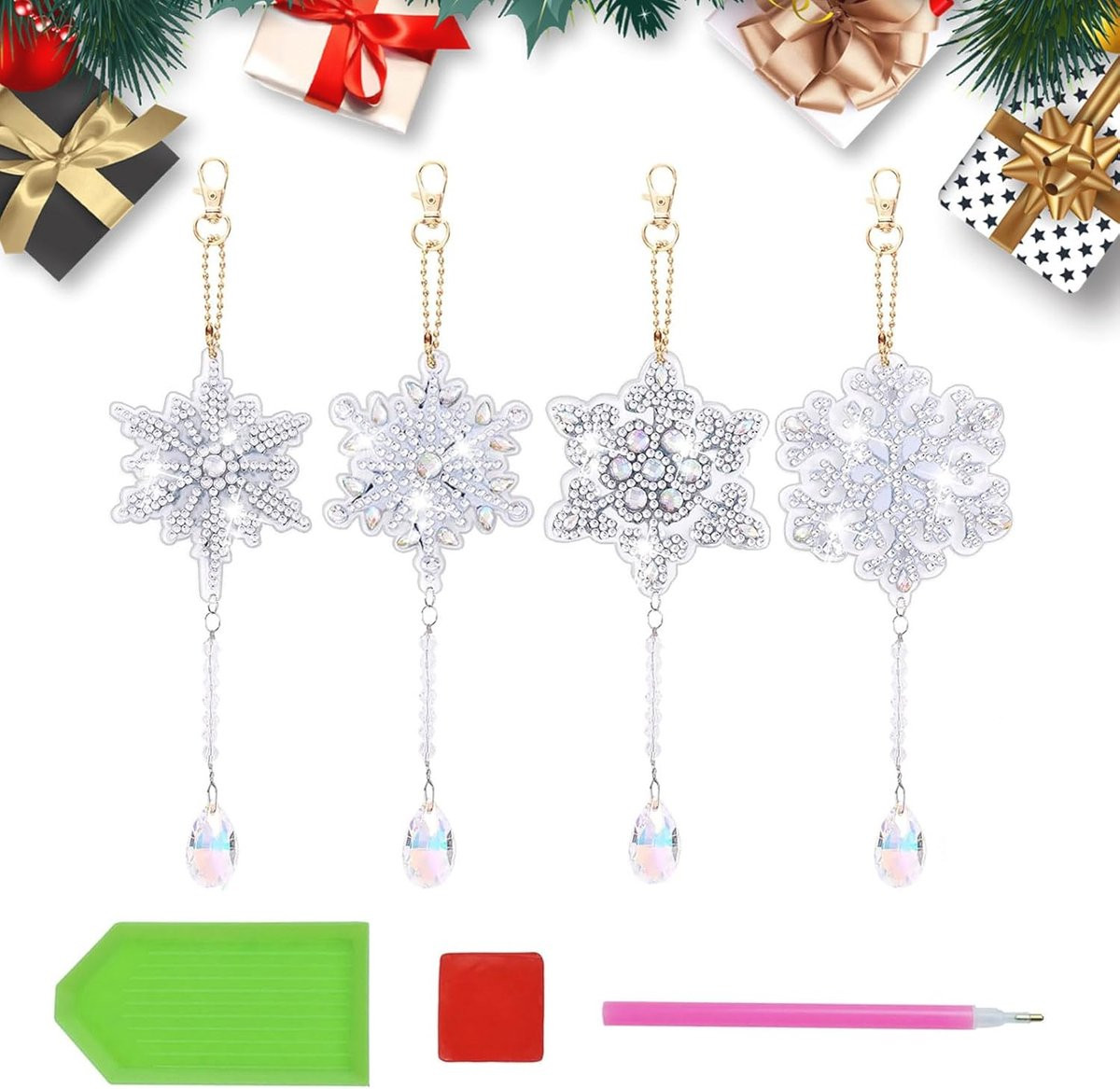 4 Stuks Snowflake Diamond Painting Hangtags voor Kinderen - Creëer Je Eigen Sleutelhangers