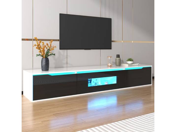 ADWOLT Meuble TV brillant 180 cm meuble TV bas à suspendre ou à poser 3 portes Éclairage LED noir et blanc