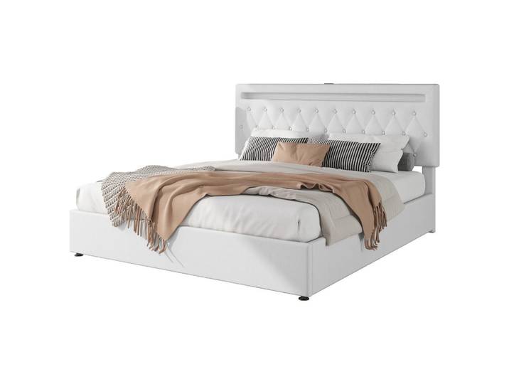 Gisaae Polsterbett 180x200 mit Stauraum Hydraulisches Bett LED Usb, Weiß, Schlafzimmer, Betten