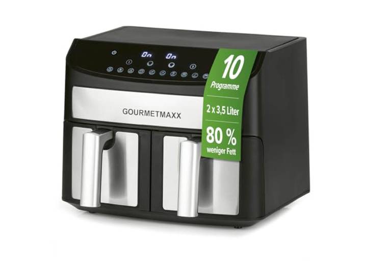 GOURMETmaxx Doppelkammer-Heißluftfritteuse 2x 3,5L - Edelstahl Airfryer mit Synchro-Garzonen, Timerfunktion & Touchdisplay energiesparend frittieren 10 Programme 2400 Watt