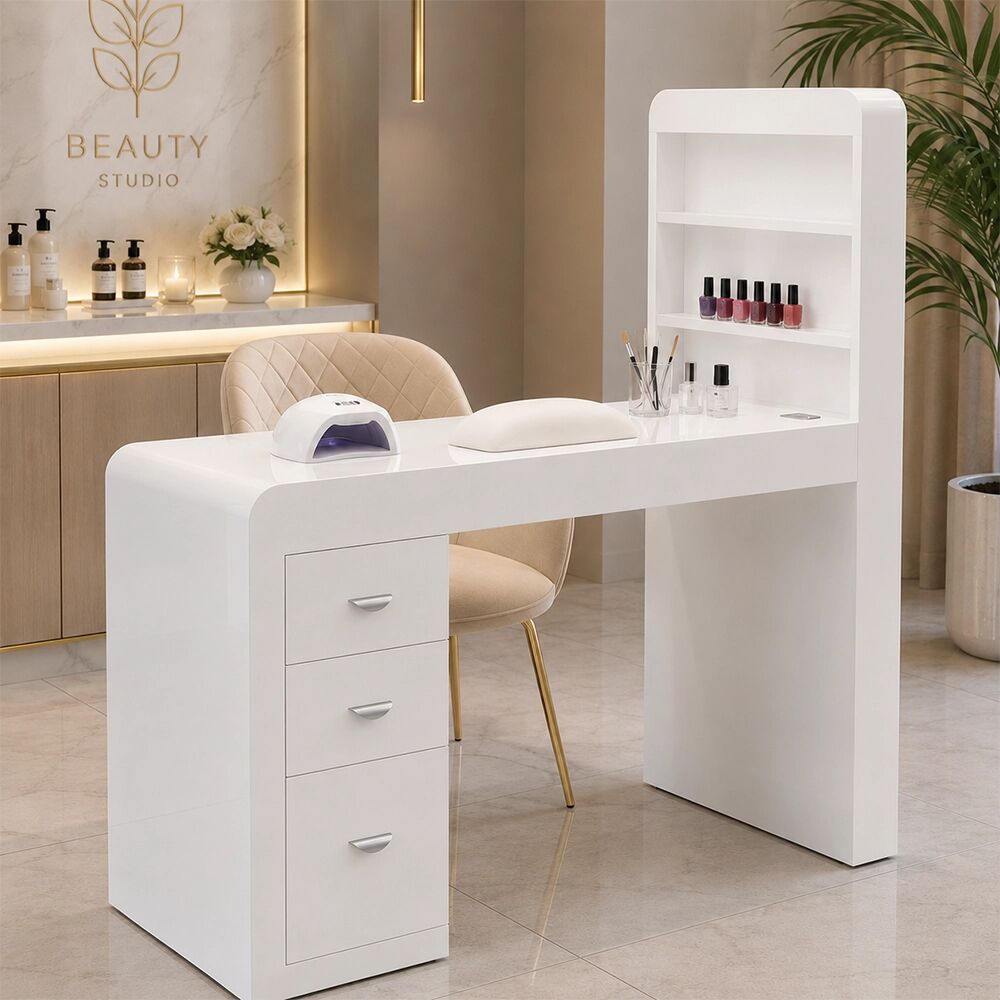 Tuttoperlestetica Tavolo manicure con aspiratore filtro tondo per estetista in legno laccato bianco Colonna espositore destra Regin