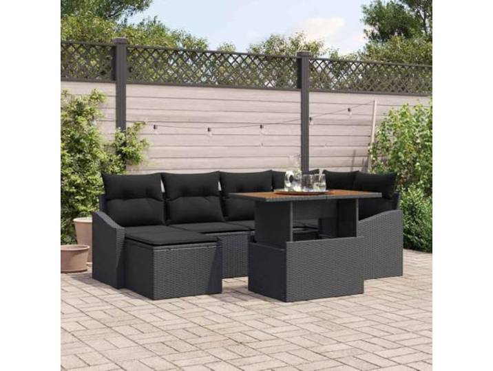 HEFZGDB 7 Stühle Garteneinrichtung Essgruppe Poly Rattan Set mit Kissen und Akazienholz Tisch