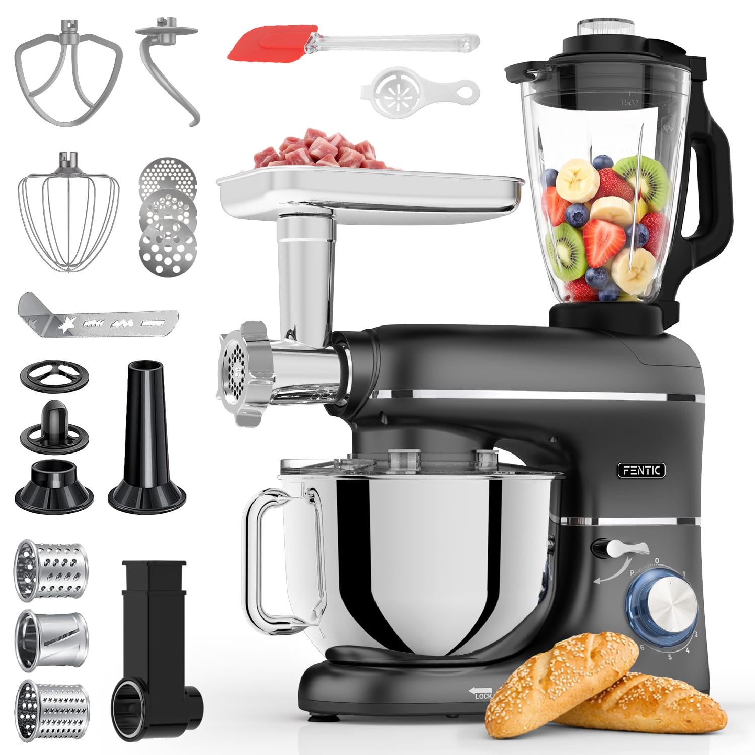 Fentic Keukenmachine 2000W met 6,2L Mengkom, Vleesmolen, Blender en Accessoires, Zwart