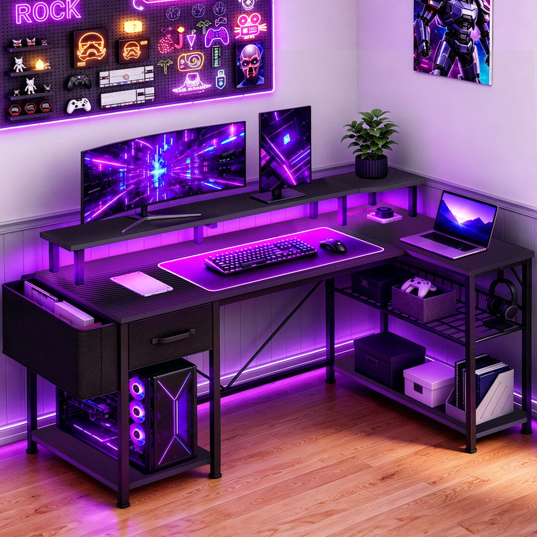 Inbox Zero L-Shaped MDF Iron Computer Desk with Built-In Electrical Outlet Black 92cm. H x 137cm. W x 50cm. D