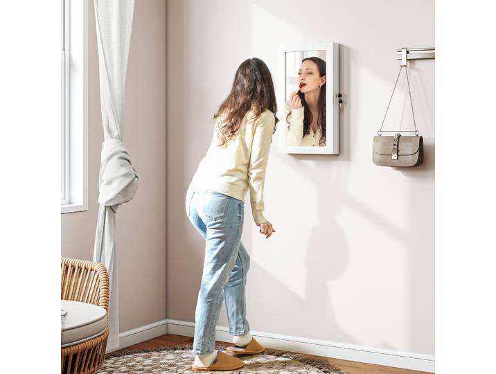 HOMCOM Armoire à Bijoux Murale avec Miroir et Clés, Bois Blanc