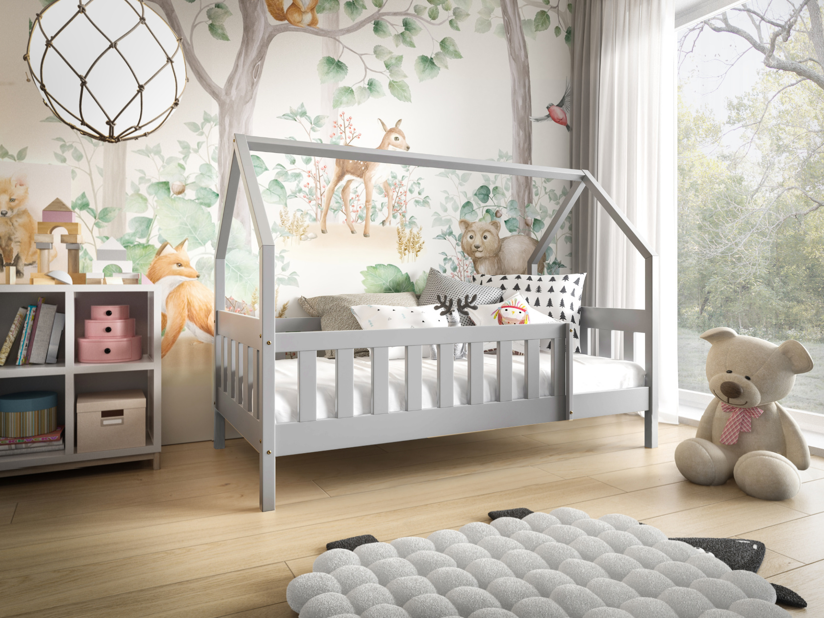 MTJMöbel Kinderbett LUNA 160x80cm mit Matratze, Hausbett mit Sicherheitsgeländer, Grau Holz