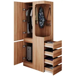 OKWISH Kleiderschrank 70x40x170 cm Naturholz mit 4 Schubladen und offener Kleiderstange, 1 Tür, Stauraum für Schlafzimmer Büro Flur