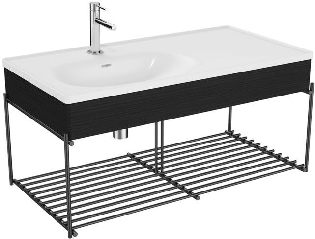 VitrA Equal Möbelwaschtisch-Set 64091 102,5x52cm, Möbelwaschtisch asymmetrisch, weiß, Ablage, mit Holzblende schwarz-eiche