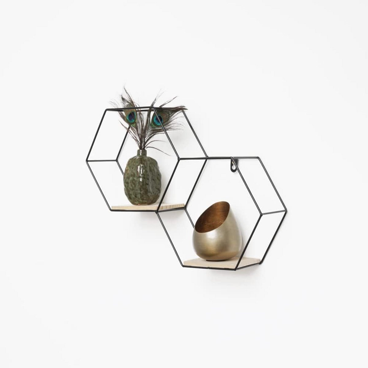 Wandplank Zeshoek Metaal met Houten Plateau - Decoratieve Hangplank voor Woonkamer of Keuken