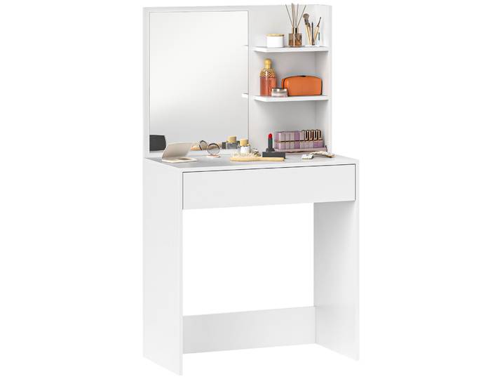 Table de maquillage Homcom avec miroir, tiroir et étagères ouvertes, blanc