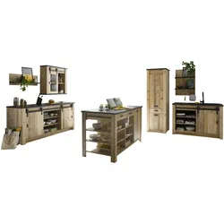 KÜCHEN-SET Used Wood hell, anthrazit, Küchenschrank Set 7-teilig mit Kochinsel