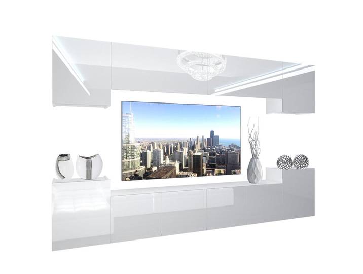 B Belini Group Wohnzimmerwand Schrankwand mit LED Weiß, Holz, 300x180x36 cm, Wohnzimmer, Wohnwände