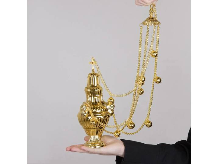 HTISOK Encensoir d'église orthodoxe plaqué or brûleur d'encens suspendu avec chaîne et cloches rituel religieux croix encensoir orthodoxe