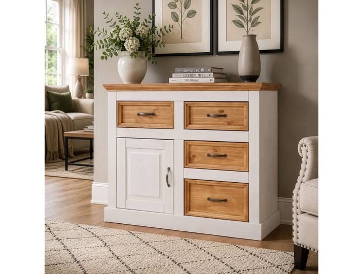 Buffet avec 1 porte / 4 tiroirs en pin ciré blanc