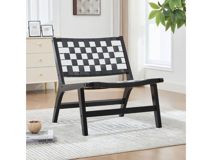 COVREO Fauteuil de loisirs damier noir et blanc tressé en PU structure en bois