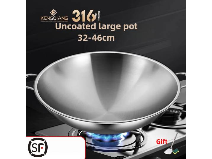 Grande poêle à frire antiadhésive à fond rond à Double oreille en acier inoxydable 316L pour cuisinière à gaz