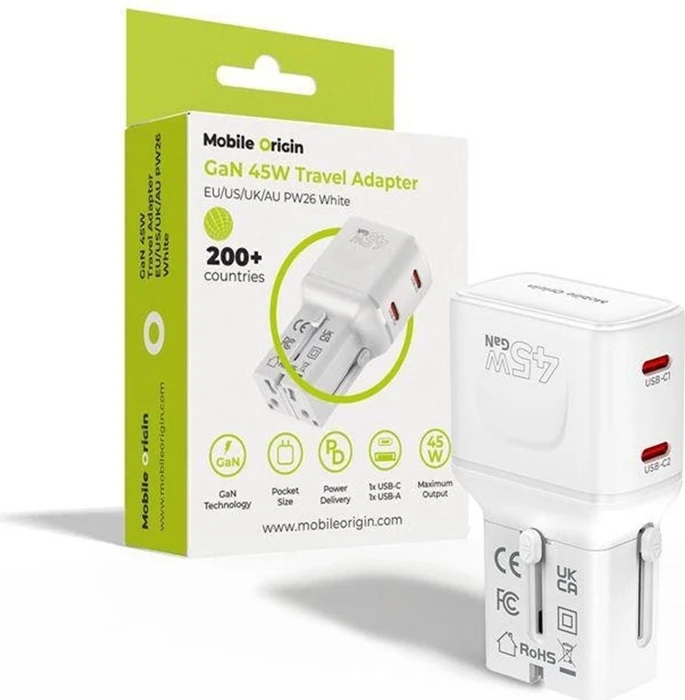 Mobile Origin GaN 45 W Travel Adapter, EU/US/UK/AU PW26 White
