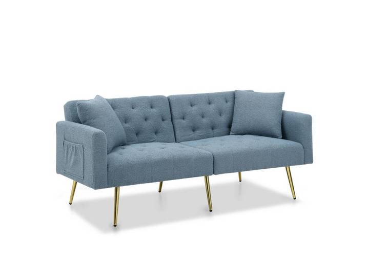 Canapé-lit 2 Places Capitonné en Tissu Teddy Bleu - Banquette Convertible avec Coussins - Structure en Métal - 177x78x74cm